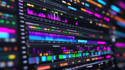 Fototapeta premium Digital Audio Editing Software Interface with Colorful Waveforms and Timelines
