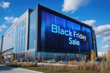 Obraz premium Digital Billboard with Sale Info: A giant digital billboard outside a store, displaying a 