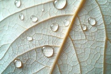 Close-up of a leaf with water droplets, showcasing the delicate veins and intricate patterns of nature.