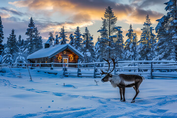Reindeer is standing in the snow next to a cabin