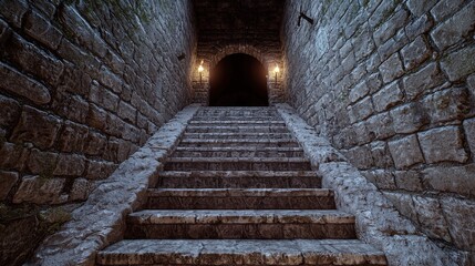 Obraz premium Dark and Mysterious Stone Staircase in Medieval Dungeon Interior