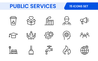 Set of outline Public Services icons. Minimalist thin linear web icon set. Line icons related to public utilities. Gas, electricity, water, heating.