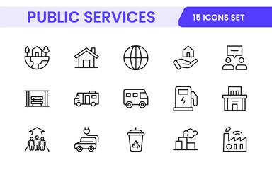 Set of outline Public Services icons. Minimalist thin linear web icon set. Line icons related to public utilities. Gas, electricity, water, heating.