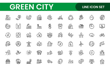 Line icons about green city. Sustainable development. Contains such icons as renewable energy, autonomous building, air and water quality.