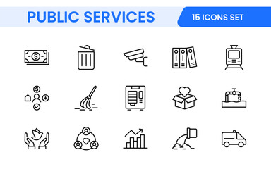 Set of outline Public Services icons. Minimalist thin linear web icon set. Line icons related to public utilities. Gas, electricity, water, heating.