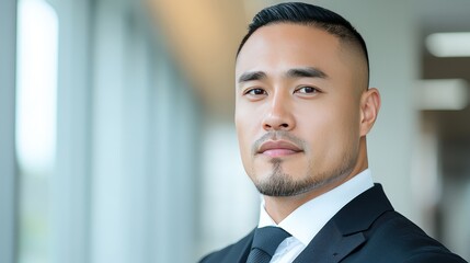 Fototapeta premium Confident Asian Businessman Portrait in Modern Office Setting