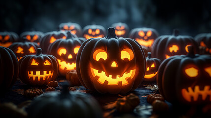 Fototapeta premium Illuminated carved pumpkins with different evil faces in darkness at Halloween night