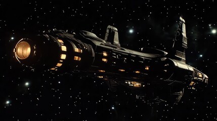 A futuristic space station glowing softly in the darkness of space, with stars twinkling in the distance.