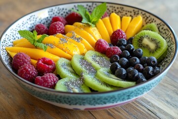 A colorful bowl filled with a variety of fresh fruits like berries, kiwi, and mango slices, garnished with chia seeds and mint leaves