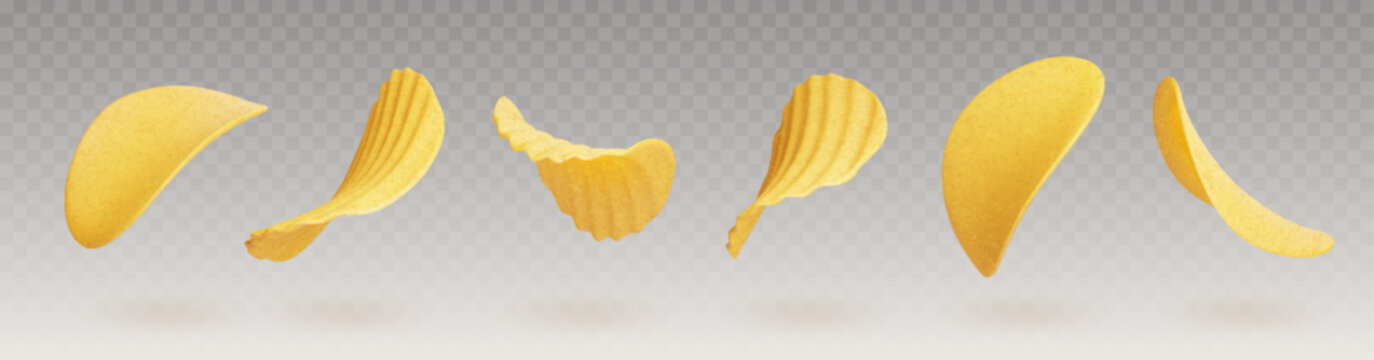 Flying potato chip 3d realistic set isolated on transparent background. Vector illustration of crisp snack floating in air. Crunchy junk food meal. Fried or baked wavy slices of vegetable root.