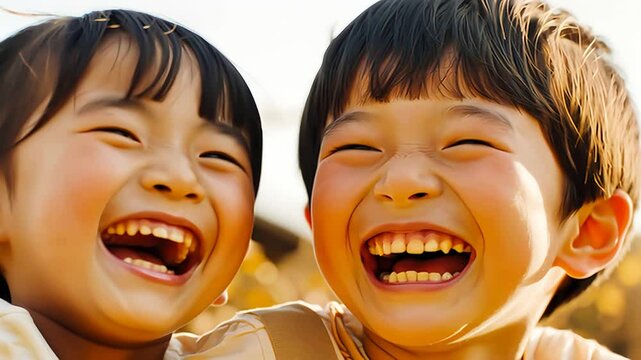 仲良く笑い合う2人のアジア人の子ども