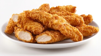 Breaded chicken strips breast fillet meat on a plate b isolated white background