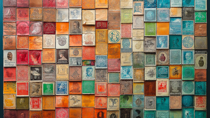 Stamps of the World, a vibrant collage of unique stamps from various countries, celebrating the cultural significance of stamps, with copy space, World Post Day