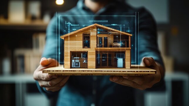 Man holding wood model home to using a futuristic smart home innovative technology with augmented reality as a remote control of smart huse appliances at home or office smart home concept