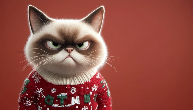 A grumpy cat wearing a Christmas sweater, emphasizing a humorous and festive mood.