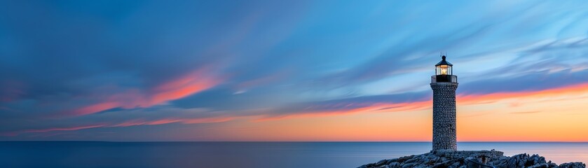 Obraz premium Sunset illuminating an old stone lighthouse on a peaceful shore