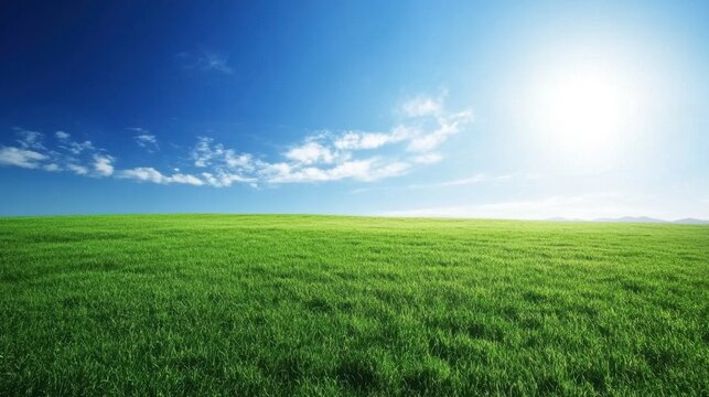 Expansive green fields under a clear blue sky with sunlight illuminating the vibrant landscape stretching to the horizon