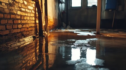 Water damage visible on a basement floor with puddles of water reflecting dim light in a partially flooded room