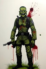 Fototapeta premium cartoon art depicting a green zombie soldier with blood splatter, halloween, evil, war, battle, apocalypse, fighter, undead, gore, weapon, combat, monster, survival, chaos, horror, grotesque, carnage