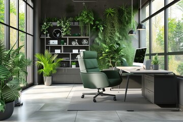 Fototapeta premium Modern Office Design with Green Plants and Natural Light