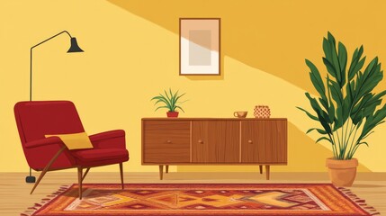 Beautifully designed living room with a yellow wall, a red armchair, a brown sofa, a beautiful kilim rug, a wooden sideboard, a plant, and individual accessories. Interior design template.