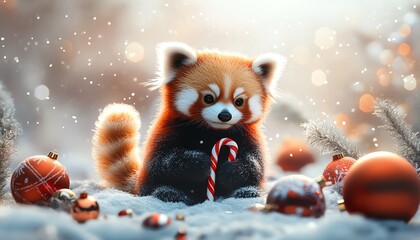 Obraz premium A cute red panda enjoys a candy cane amidst festive decorations and snowflakes, creating a charming winter scene.