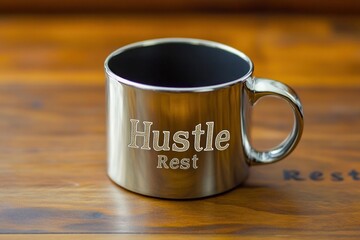 A coffee mug with the word "Hustle" engraved on one side and "Rest" on the other, placed on a wooden desk.