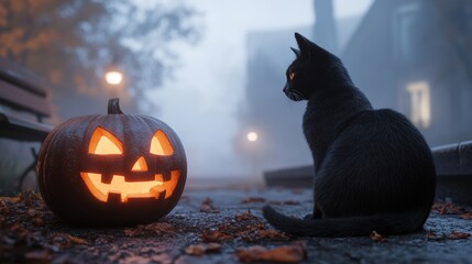 A black cat sits on the ground next to a pumpkin with a smile on its face