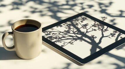 A coffee mug sitting next to a digital tablet, both casting shadows that merge into the shape of a tree with blooming branches, representing the integration of work and life.