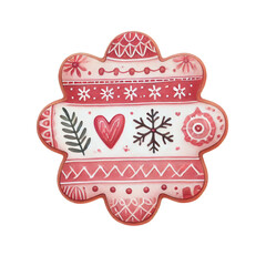 Gingerbread cookie with heart, snowflake, and leaf patterns, decorated in red and white icing for the holidays.