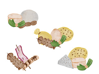 水彩で描いた日本食和風のおでんの挿絵イラスト素材デザイン一式