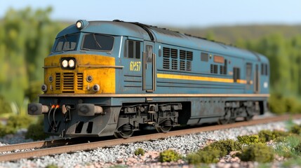 Obraz premium Vintage Diesel Locomotive on Railway Tracks Train Transportation Railroad Freight Car