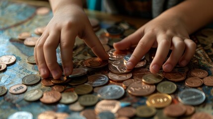 Discovering Wealth Child's Hands Sorting Coins with Tutor Learning About Money and Math