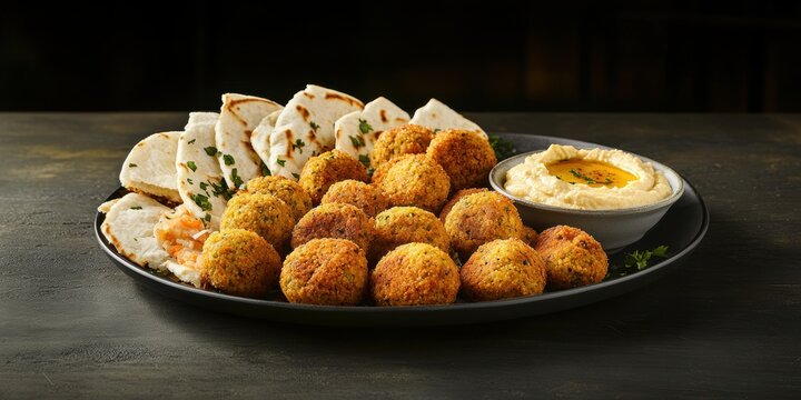 a plate of food with a bowl of dips and pitza