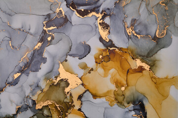 Flowing shapes and delicate metallic touches, abstract artwork on together rich tones and golden highlights. The liquid ink technique create fluidity, feeling of depth,  beauty