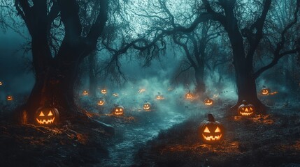 A forest with many pumpkins lit up and a path through it