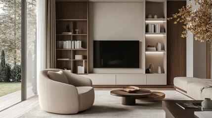 Modern living room with beige furniture and wooden accents