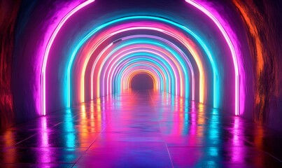 Futuristic Neon Lit Tunnel with Vibrant Colors, Abstract and Technological, Glowing Arches and Reflections, Ideal for Sci-Fi Settings, Nightlife Concepts, and Modern Design Inspirations.