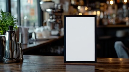 Menu frame space for text marketing promotion standing on wood table in bar restaurant cafe