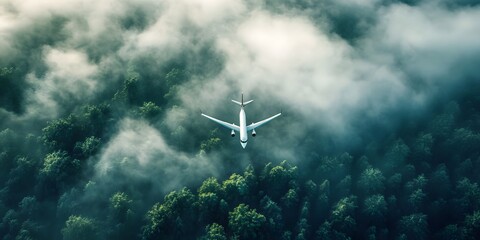 Sustainable aviation fuel concept of flight running on biofuel green energy. A plane flies over the forest surrounded by misty white clouds, generative ai