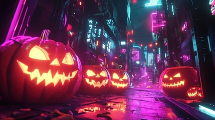 Fototapeta premium A group of pumpkins are lined up on a sidewalk in a city