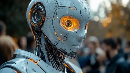 A futuristic robot with glowing eyes amidst a crowd, showcasing advanced technology.