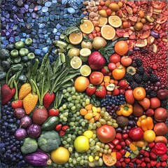 Vivid mosaic of fresh fruits and vegetables creating a rainbow spectrum