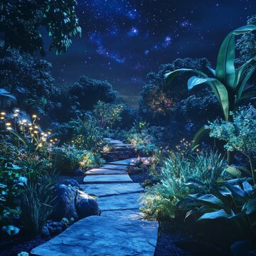 a lush green garden at midnight lit by a indigo glowing trail, glowing plants, realistic 4khd, nebula in the sky