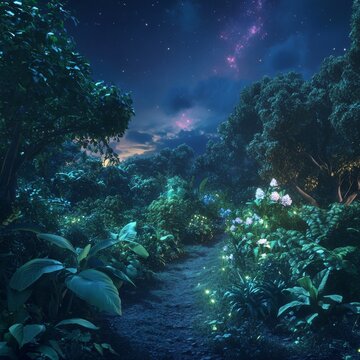 a lush green garden at midnight lit by a indigo glowing trail, glowing plants, realistic 4khd, nebula in the sky