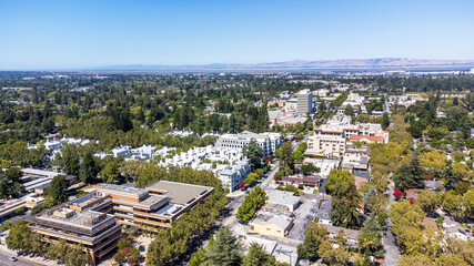 Aerial panoramic view of downtown Mountain View, California, along Castro Street, looking toward...