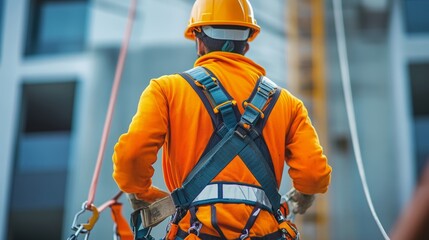 Construction worker wearing safety harness and safety line working at high place working at height equipment fall arrestor device for worker with hooks for safety body harness