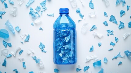 Top view of blue plastic bottle with pet bottle transparent flakes around in white background plastic pollution recycle and world environment day concept