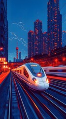 Fototapeta premium A high-speed train speeds through a city at night, illuminated by streetlights and the glow of buildings.