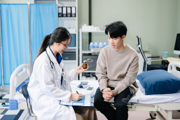 Doctor examining patient with symptoms in a clinic. Medical consultation and healthcare interaction.